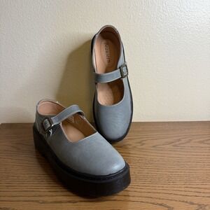 Beauseen Grey Leather Platform Dark Academia Chunky Mary Jane Pumps Size 9